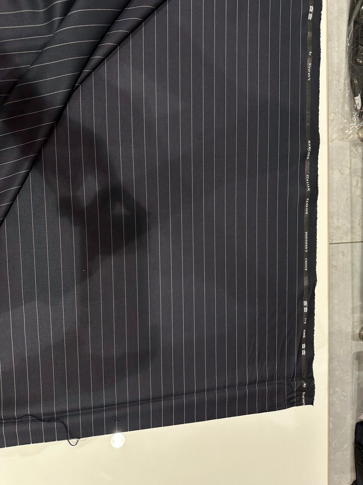 Italian Suiting Fabric – Black with Bold Pinstripes