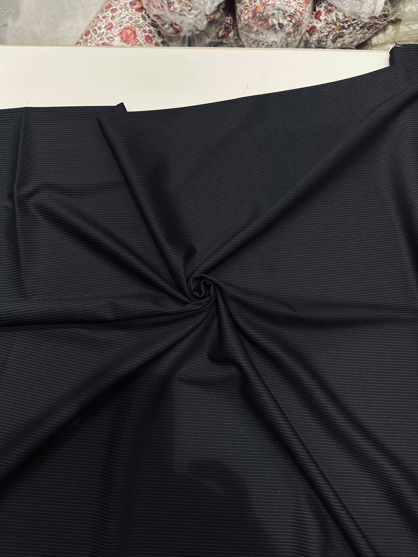 Italian Suiting Fabric – Black with Fine Pinstripes