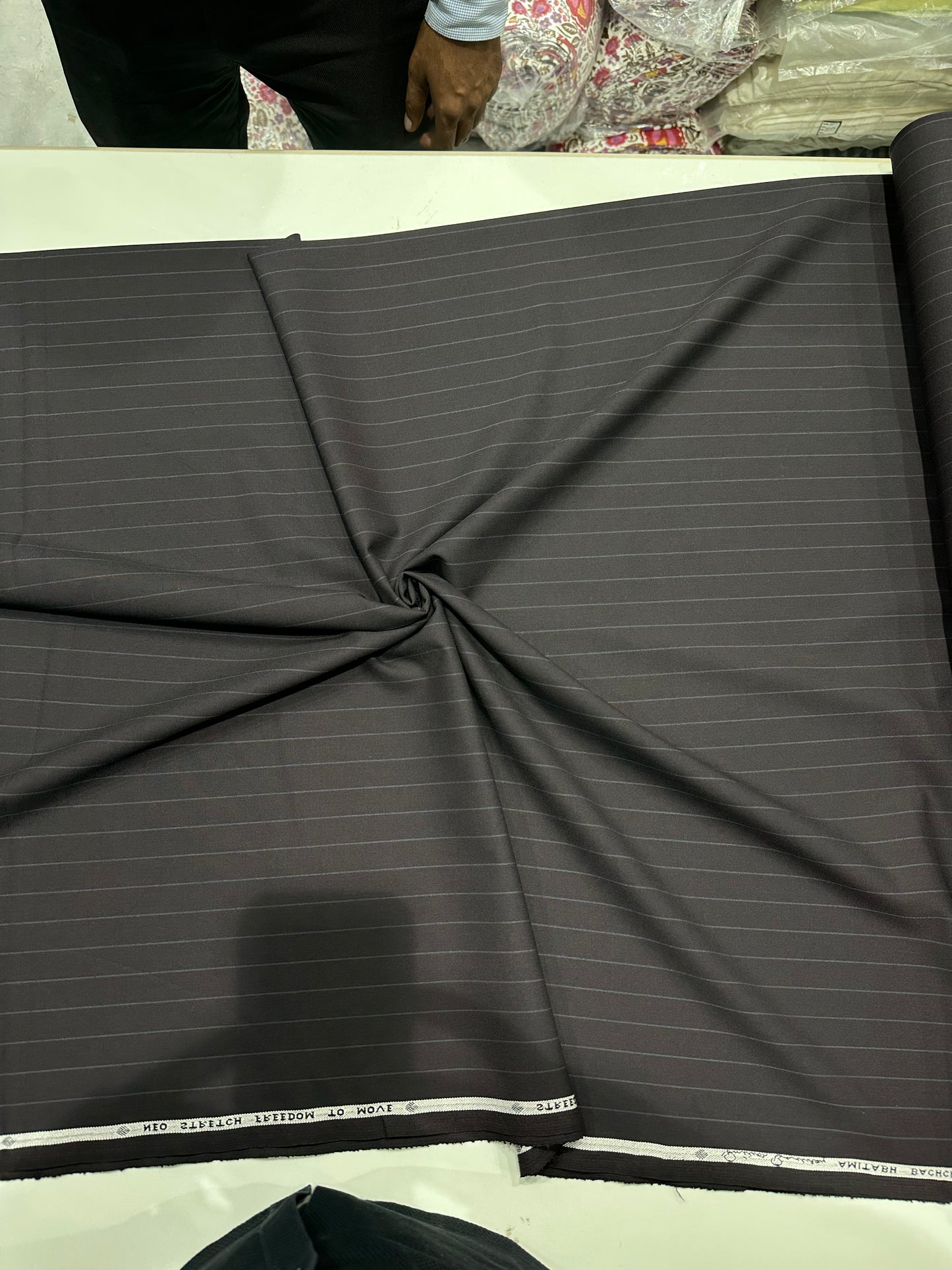 Italian Suiting Fabric – Steel Grey with Horizontal Pinstripes