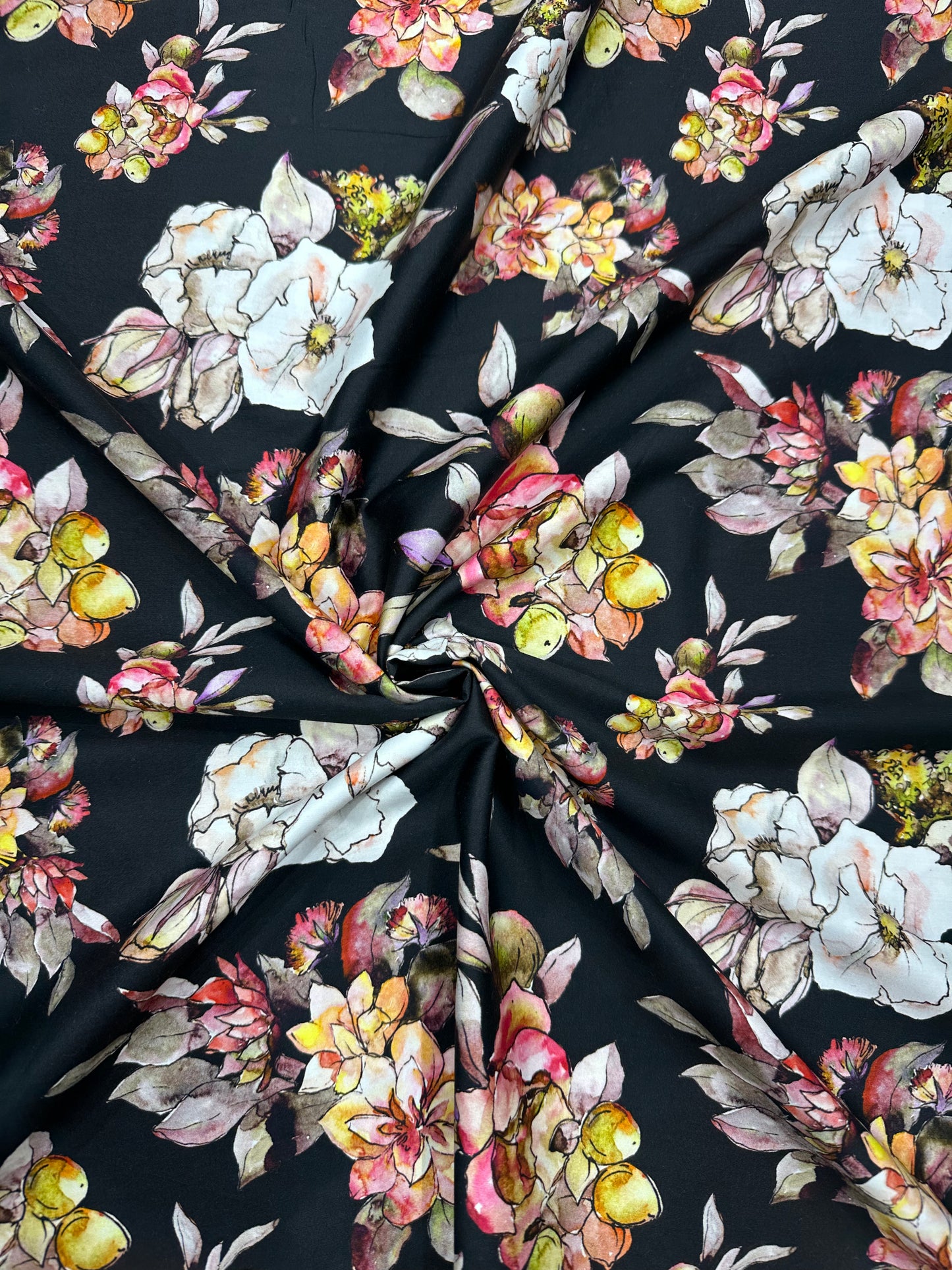 Cotton Digital Print Fabric – Bold Floral on Black