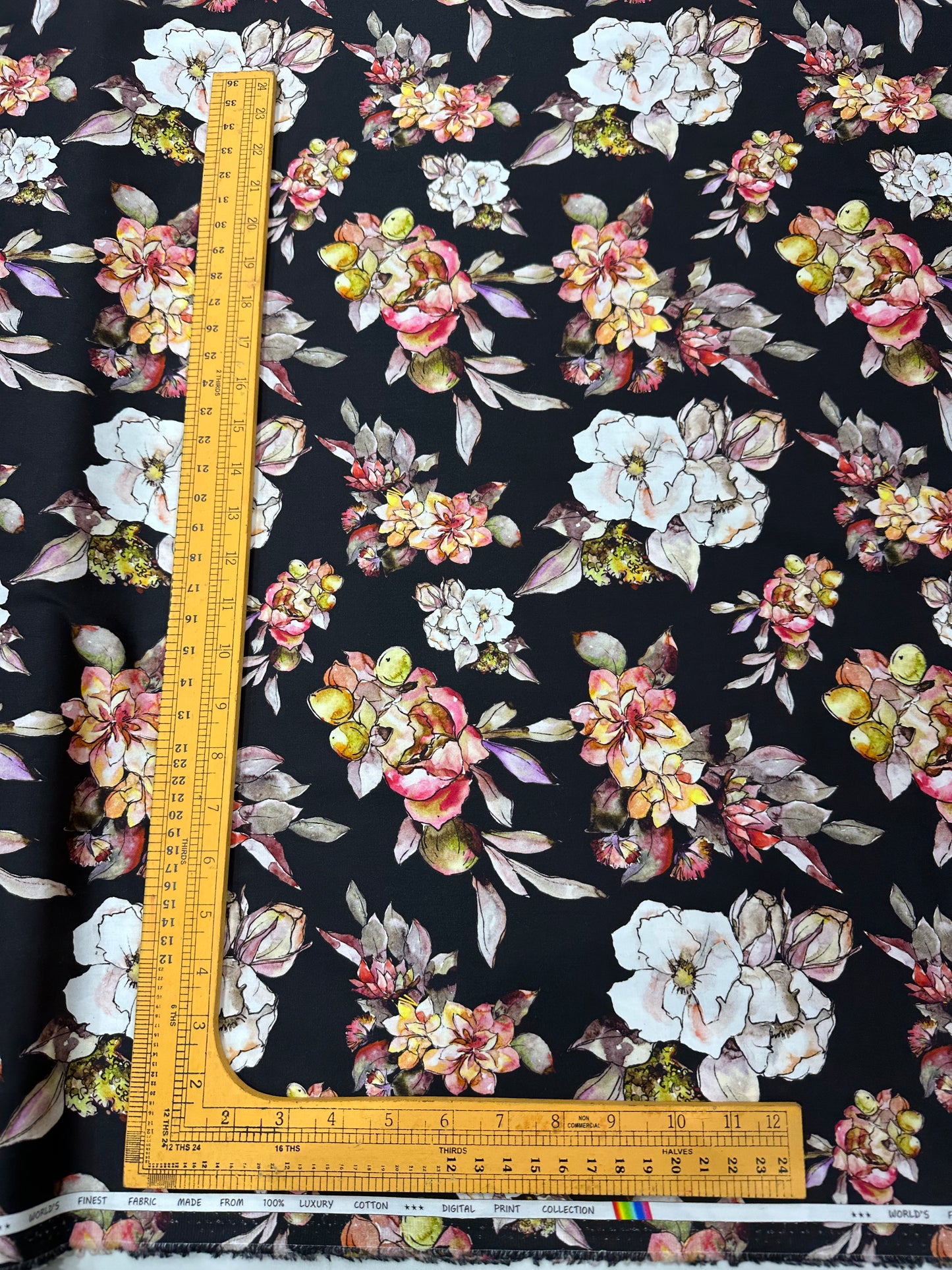 Cotton Digital Print Fabric – Bold Floral on Black