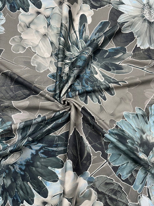 Cotton Digital Print Fabric – Blue & Grey Floral Design