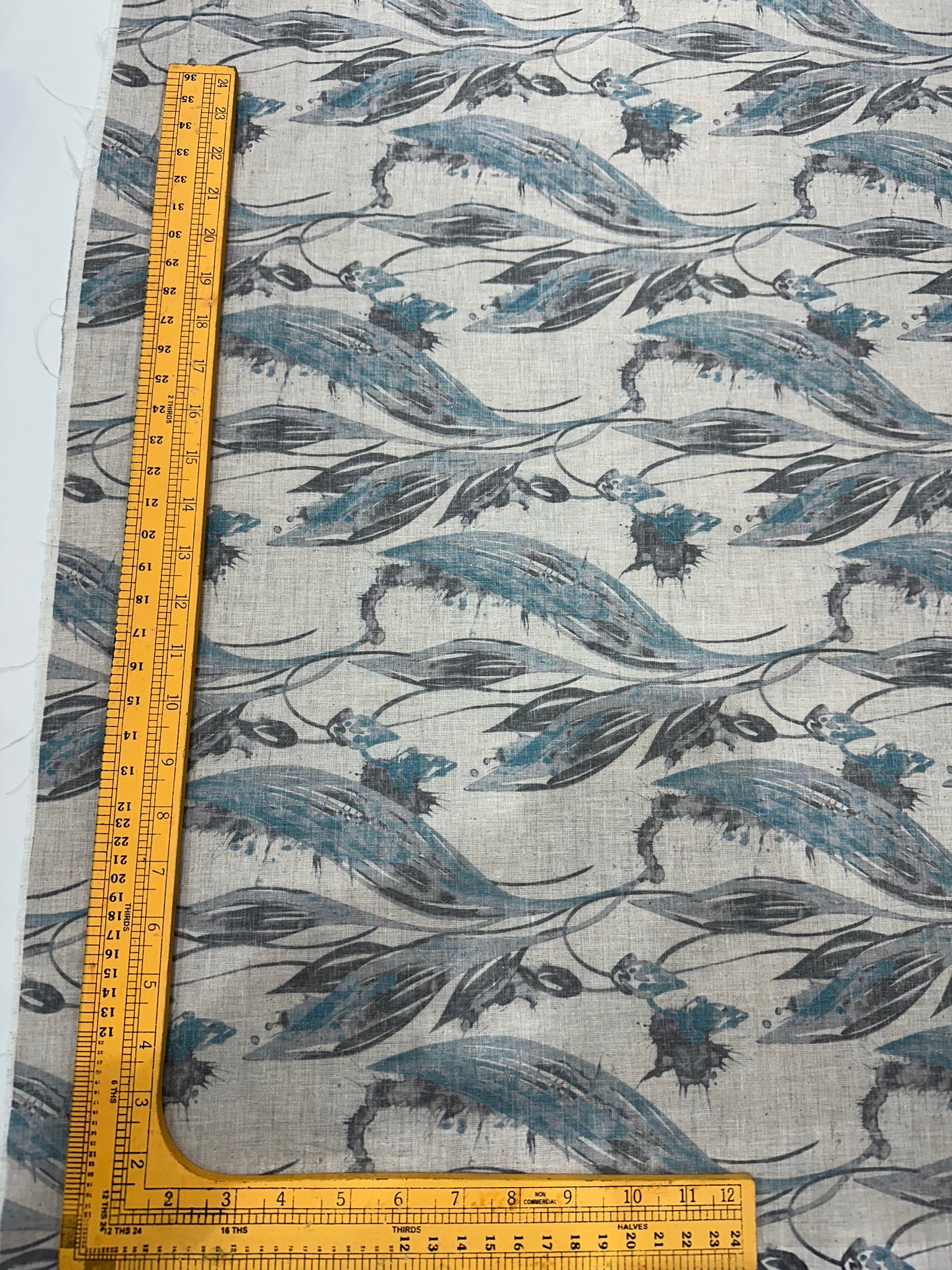 Linen Blend Digital Print Fabric – Blue & Grey Floral Abstract