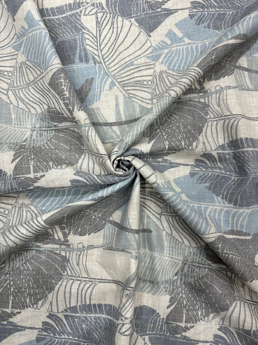 Linen Blend Digital Print Fabric – Blue & Grey Leaf Pattern