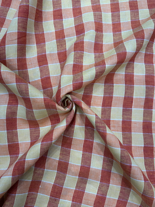 100% लिनन चेक फ़ैब्रिक - लाल, पीला और नारंगी बहुरंगी