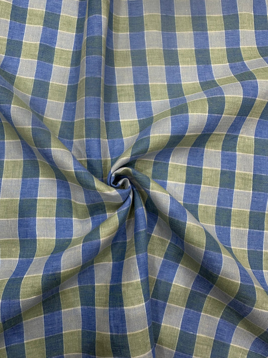 100% शुद्ध लिनन चेक फ़ैब्रिक - नीला और जैतून हरा गिंगहैम