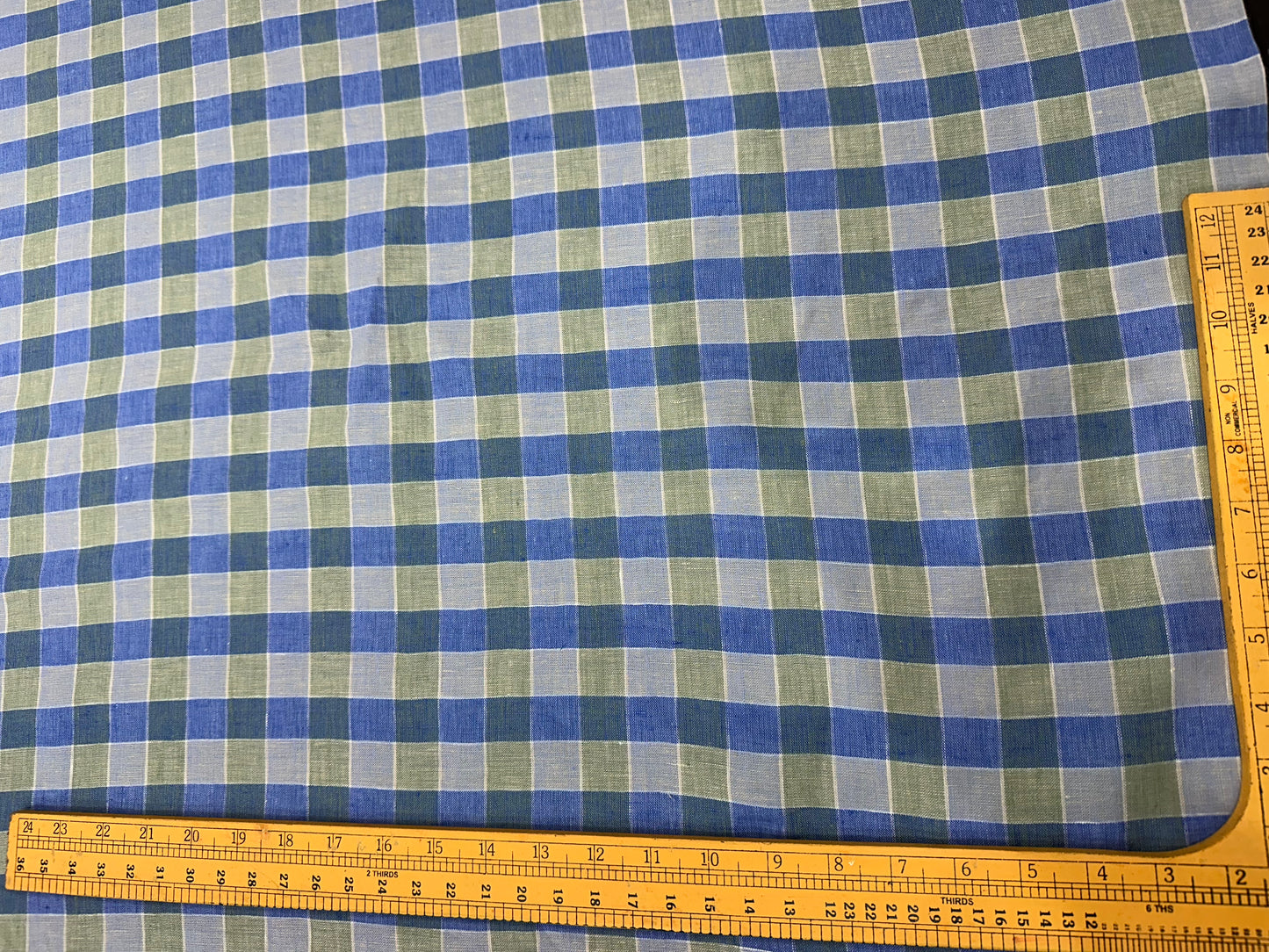 100% शुद्ध लिनन चेक फ़ैब्रिक - नीला और जैतून हरा गिंगहैम