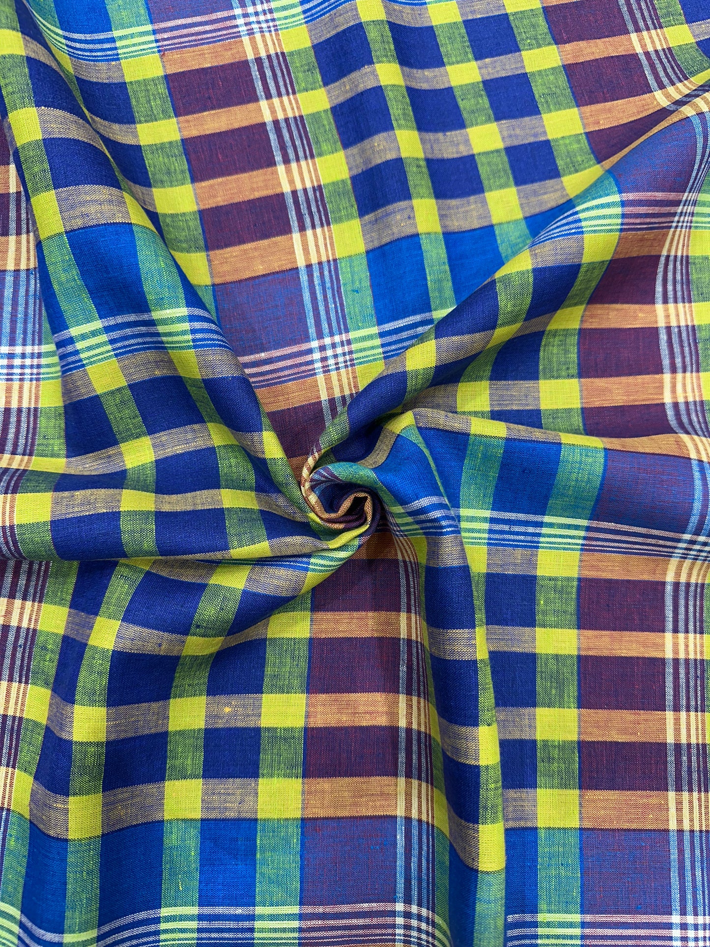100% शुद्ध लिनन चेक फ़ैब्रिक - बहुरंगी नीला, हरा और भूरा चेक