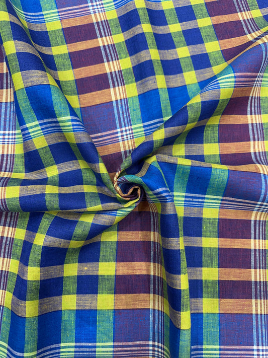 100% शुद्ध लिनन चेक फ़ैब्रिक - बहुरंगी नीला, हरा और भूरा चेक