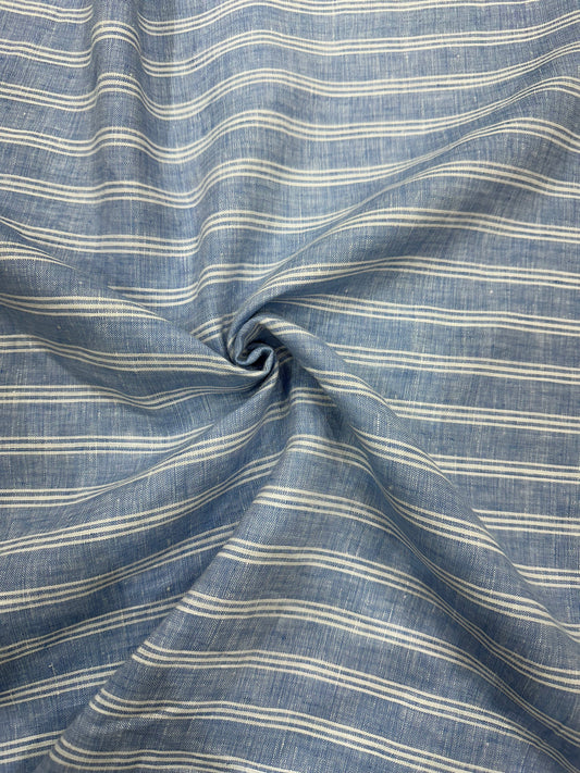 100% लिनन चेक/धारीदार कपड़ा - सफेद धारियों वाला नीला