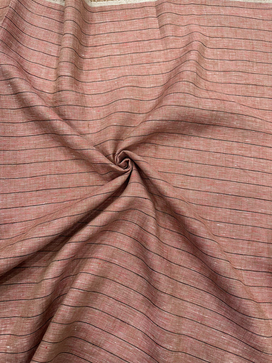 100% Pure Linen Check Fabric – Warm Copper Brown with Subtle Striped Checks