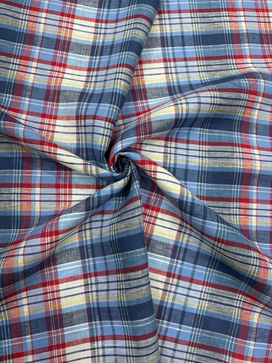 100% Pure Linen Check Fabric – Classic Multicolor Checks in Navy, Red & Cream