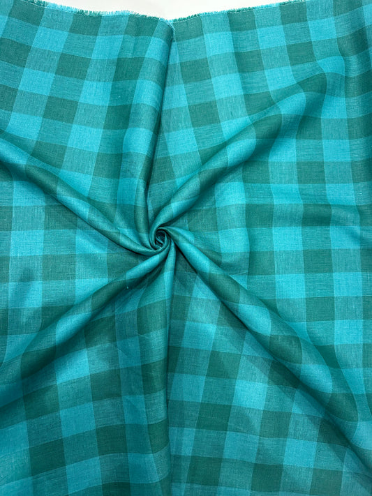 100% Pure Linen Check Fabric – Teal Green Dual-Tone Checks