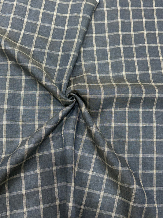 100% Pure Linen Check Fabric – Navy Blue with White Windowpane Checks