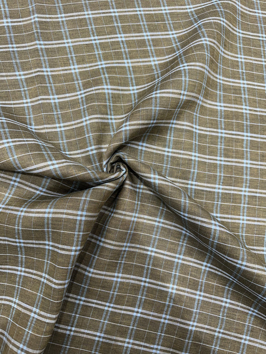 100% Pure Linen Check Fabric – Olive Brown with Sky Blue Fine Checks