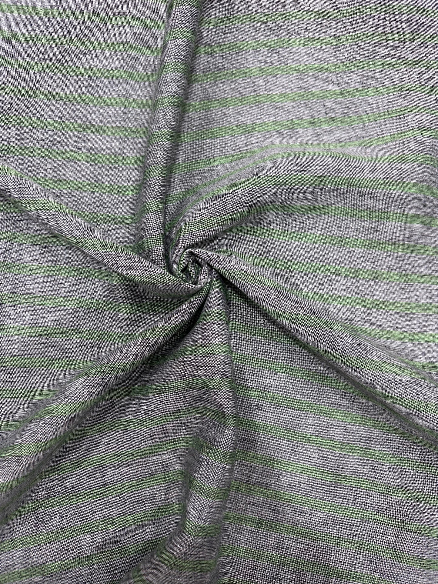 Linen Check 100% Pure Linen Check Fabric – Soft Grey with Subtle Green Horizontal ...