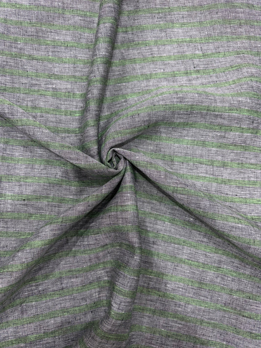 100% Pure Linen Check Fabric – Soft Grey with Subtle Green Horizontal Checks