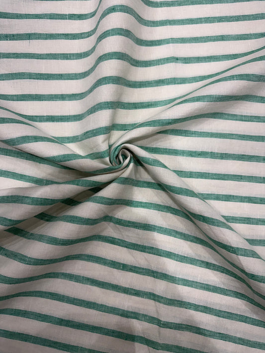 100% Pure Linen Check Fabric – White with Sea-Green Horizontal Checks