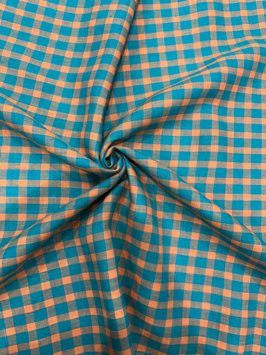 100% Pure Linen Check Fabric – Turquoise Blue & Peach Small Checks