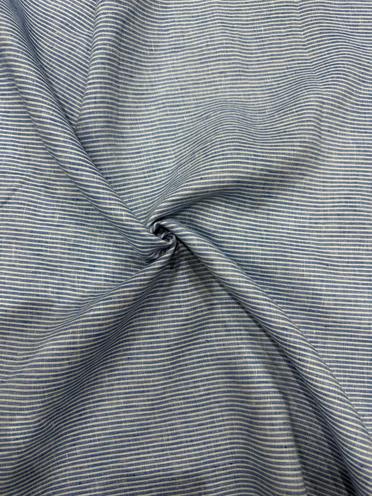 100% Pure Linen Check Fabric – Fine Blue & White Striped Checks