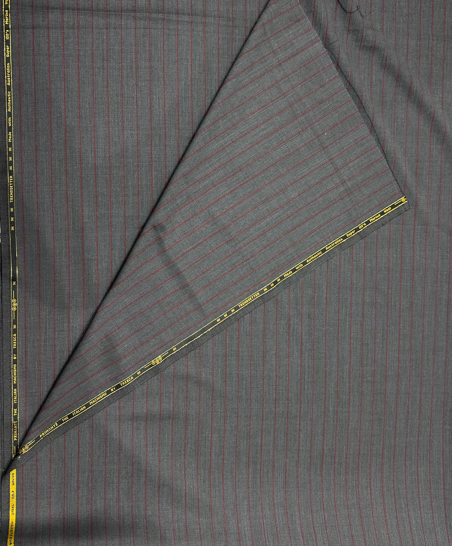 Italian Wool Suiting Fabric – Fine Worsted Grey with Red Pinstripe