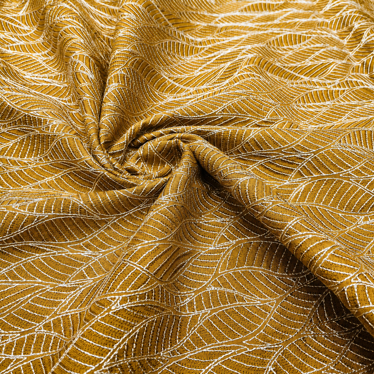 Beige Gold Linen Embroidery Fabric with White Leaf Design | Premium Designer Dress Material