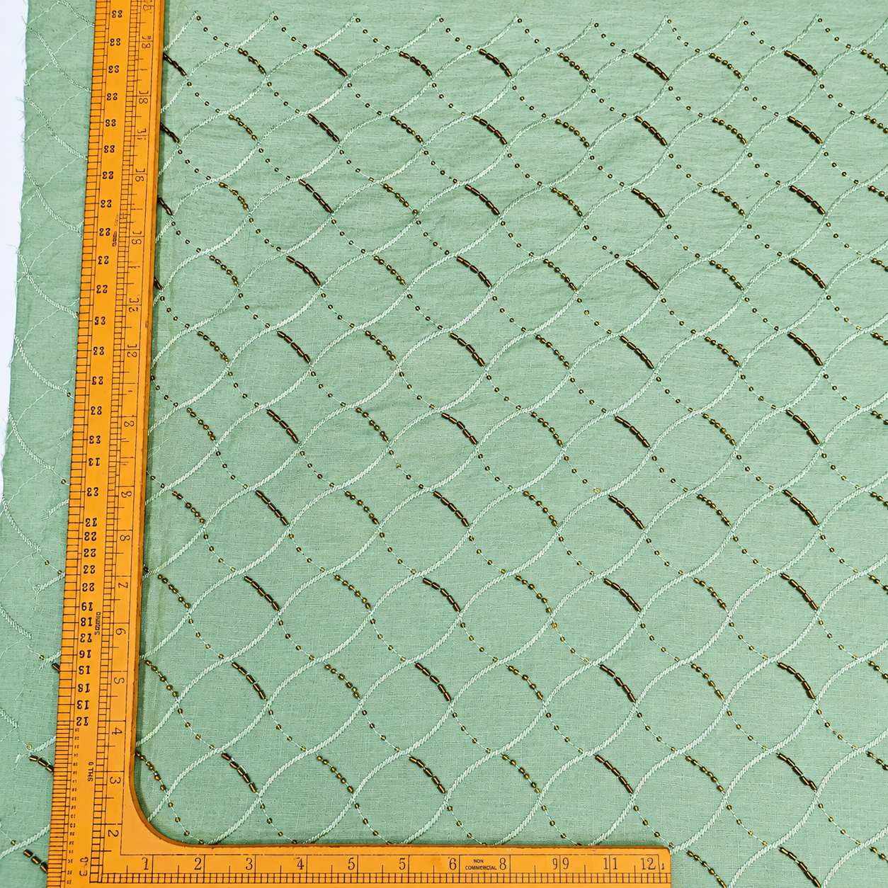 Mint Green Linen Embroidery Fabric with Sequins & Beaded Diamond Trellis Design | Premium Designer Dress Materi