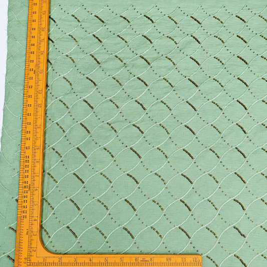 Mint Green Linen Embroidery Fabric with Sequins & Beaded Diamond Trellis Design | Premium Designer Dress Materi