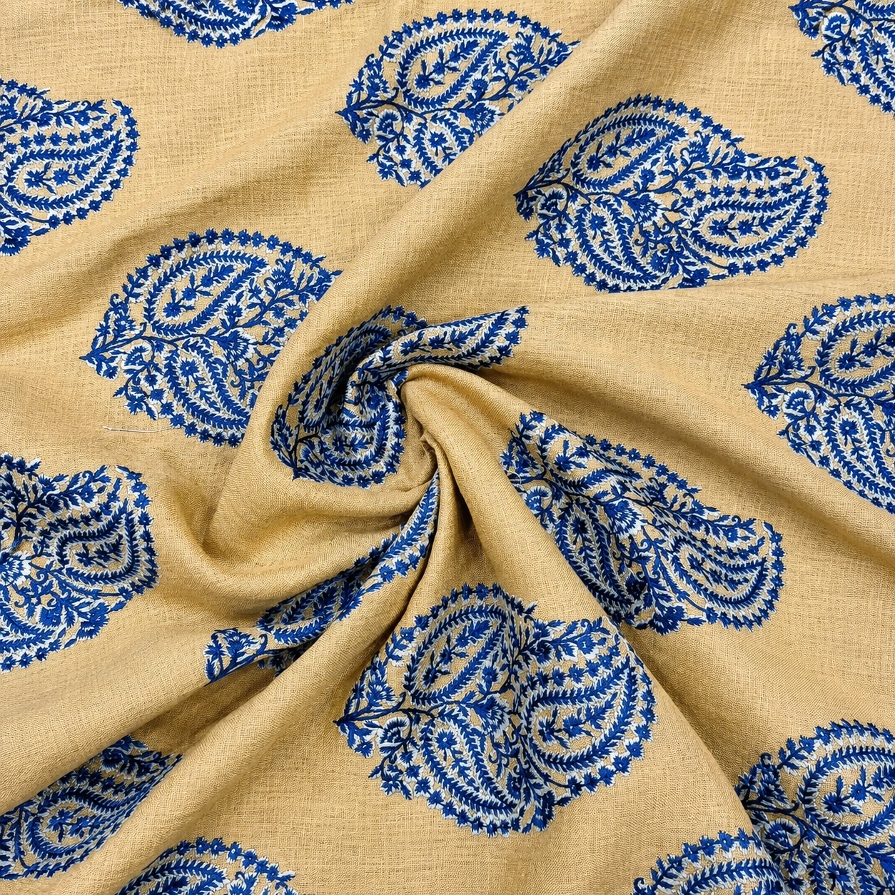 Beige Linen Embroidery Fabric with Royal Blue Paisley Buta Design | Premium Designer Dress Material