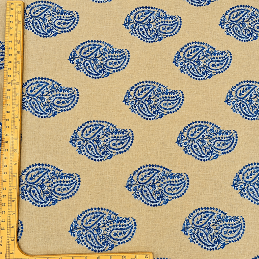 Beige Linen Embroidery Fabric with Royal Blue Paisley Buta Design | Premium Designer Dress Material