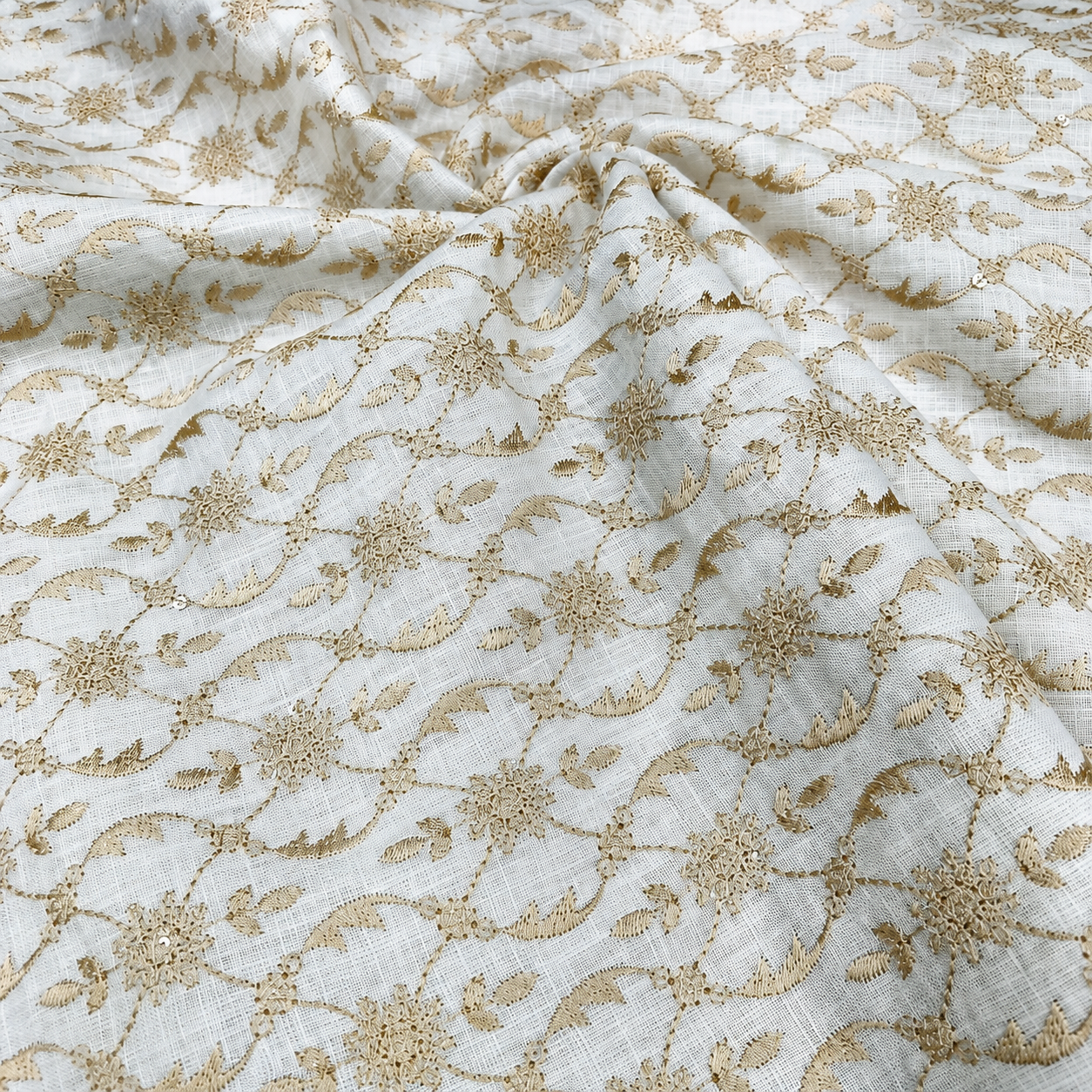 Ivory White Linen Embroidery Fabric with Champagne Gold Floral Vine Design | Premium Designer Dress Material
