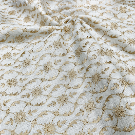 Ivory White Linen Embroidery Fabric with Champagne Gold Floral Vine Design | Premium Designer Dress Material