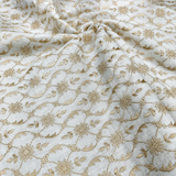 Ivory White Linen Embroidery Fabric with Champagne Gold Floral Vine Design | Premium Designer Dress Material