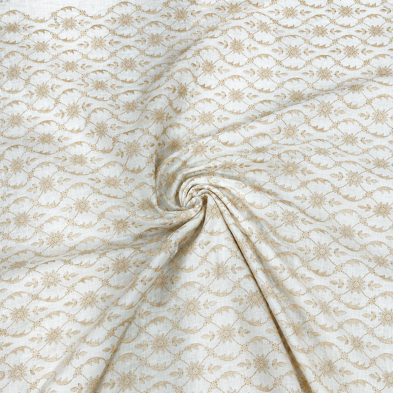 Ivory White Linen Embroidery Fabric with Champagne Gold Floral Vine Design | Premium Designer Dress Material