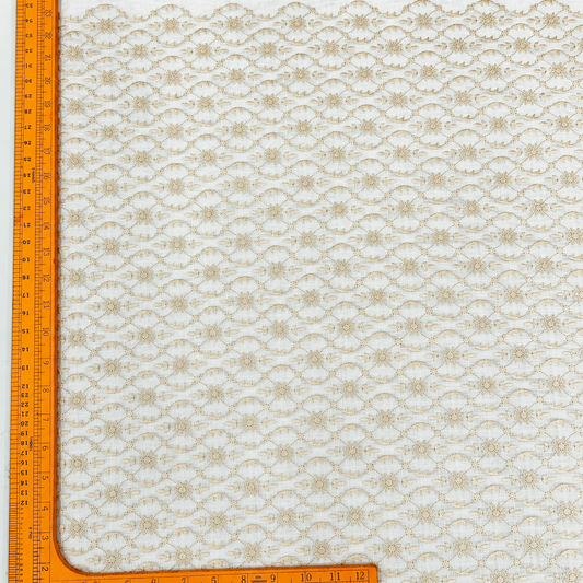 Ivory White Linen Embroidery Fabric with Champagne Gold Floral Vine Design | Premium Designer Dress Material
