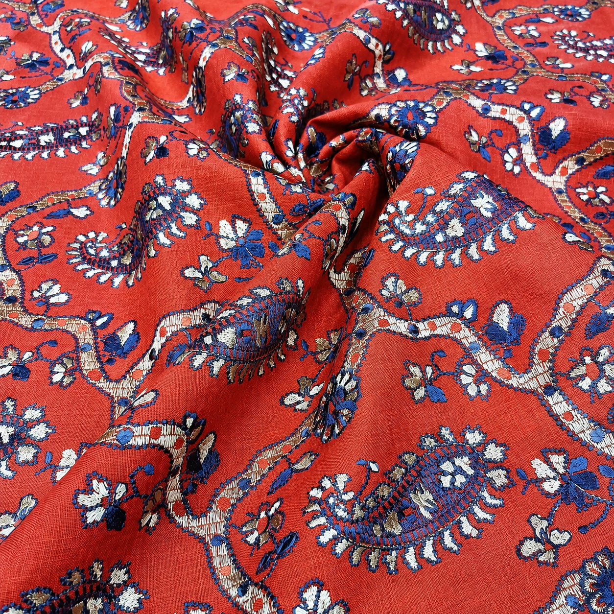 Coral Red Linen Embroidery Fabric with Royal Blue Paisley Floral Design | Designer Kurta & Dress Material