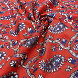 Coral Red Linen Embroidery Fabric with Royal Blue Paisley Floral Design | Designer Kurta & Dress Material