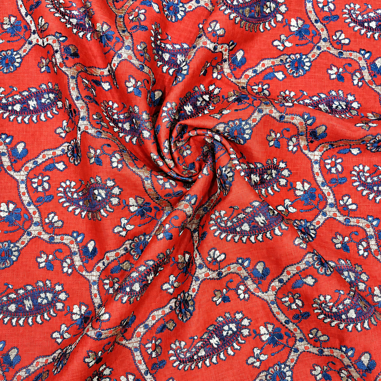 Coral Red Linen Embroidery Fabric with Royal Blue Paisley Floral Design | Designer Kurta & Dress Material