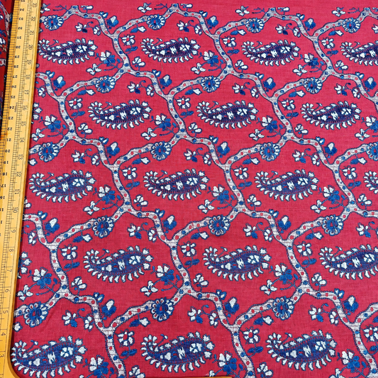 Coral Red Linen Embroidery Fabric with Royal Blue Paisley Floral Design | Designer Kurta & Dress Material