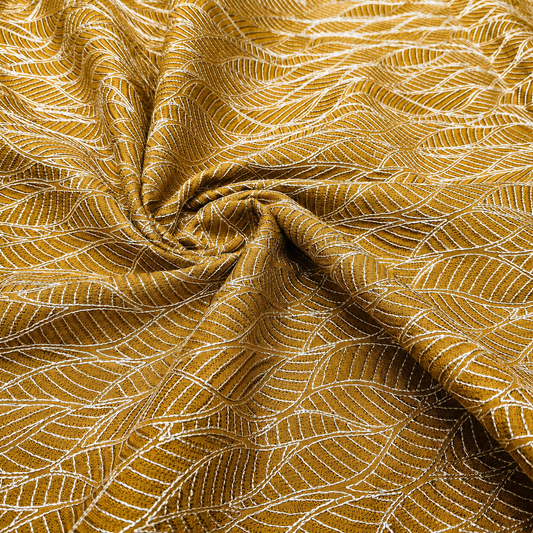 Beige Gold Linen Embroidery Fabric with White Leaf Design | Premium Designer Dress Material