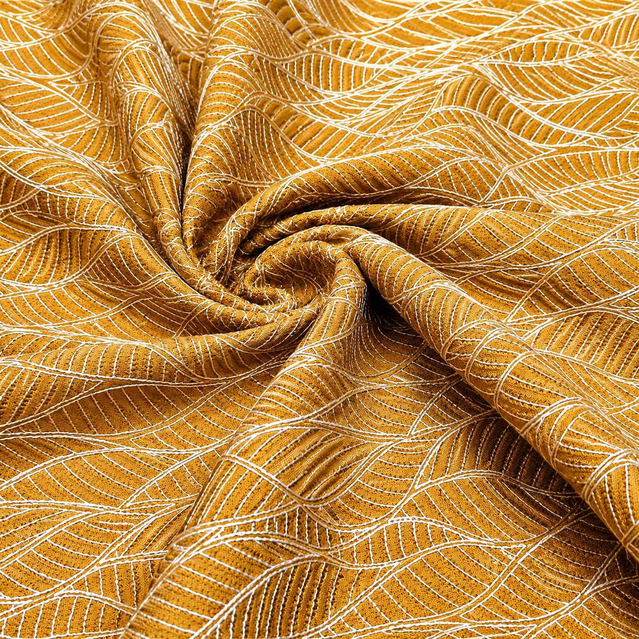 Beige Gold Linen Embroidery Fabric with White Leaf Design | Premium Designer Dress Material
