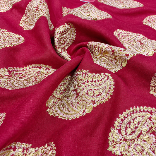 Rani Pink Linen Embroidery Fabric with Ivory Paisley Buta Design | Designer Kurta & Dress Material