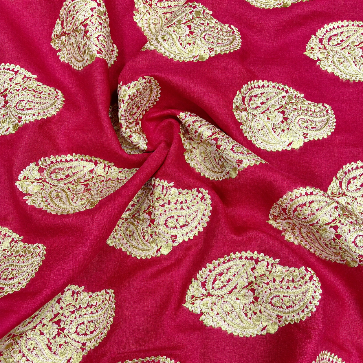 Rani Pink Linen Embroidery Fabric with Ivory Paisley Buta Design | Designer Kurta & Dress Material