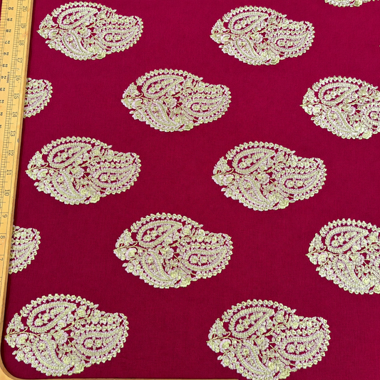 Rani Pink Linen Embroidery Fabric with Ivory Paisley Buta Design | Designer Kurta & Dress Material