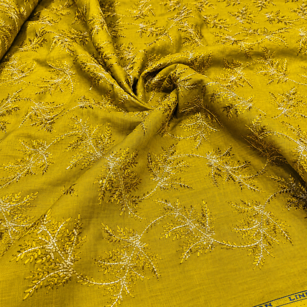Mustard Yellow Linen Embroidery Fabric with Ivory Floral Vine Design | Designer Kurta & Dress Material