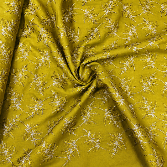 Mustard Yellow Linen Embroidery Fabric with Ivory Floral Vine Design | Designer Kurta & Dress Material