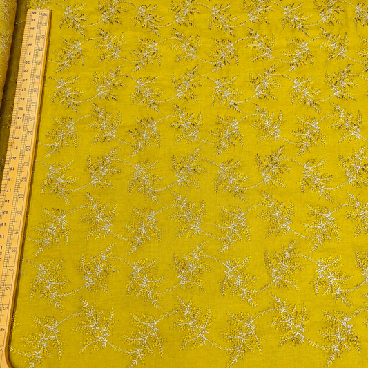 Mustard Yellow Linen Embroidery Fabric with Ivory Floral Vine Design | Designer Kurta & Dress Material