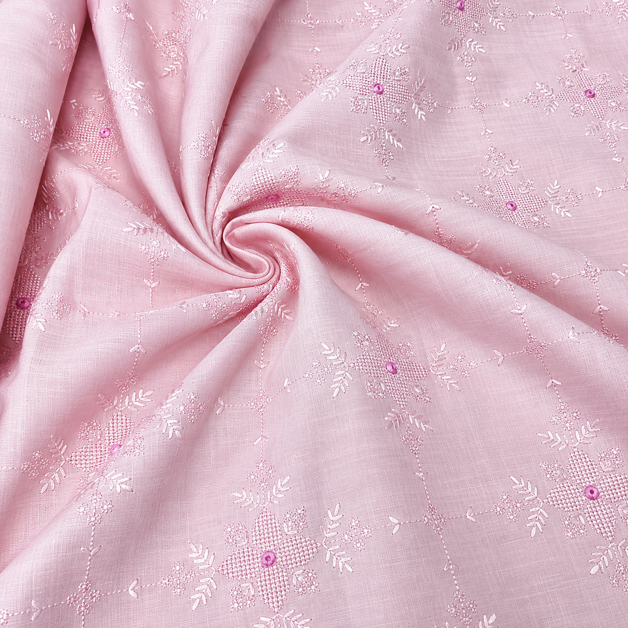 Baby Pink Chikankari Embroidered Linen Fabric | Floral Grid Embroidery Dress Material