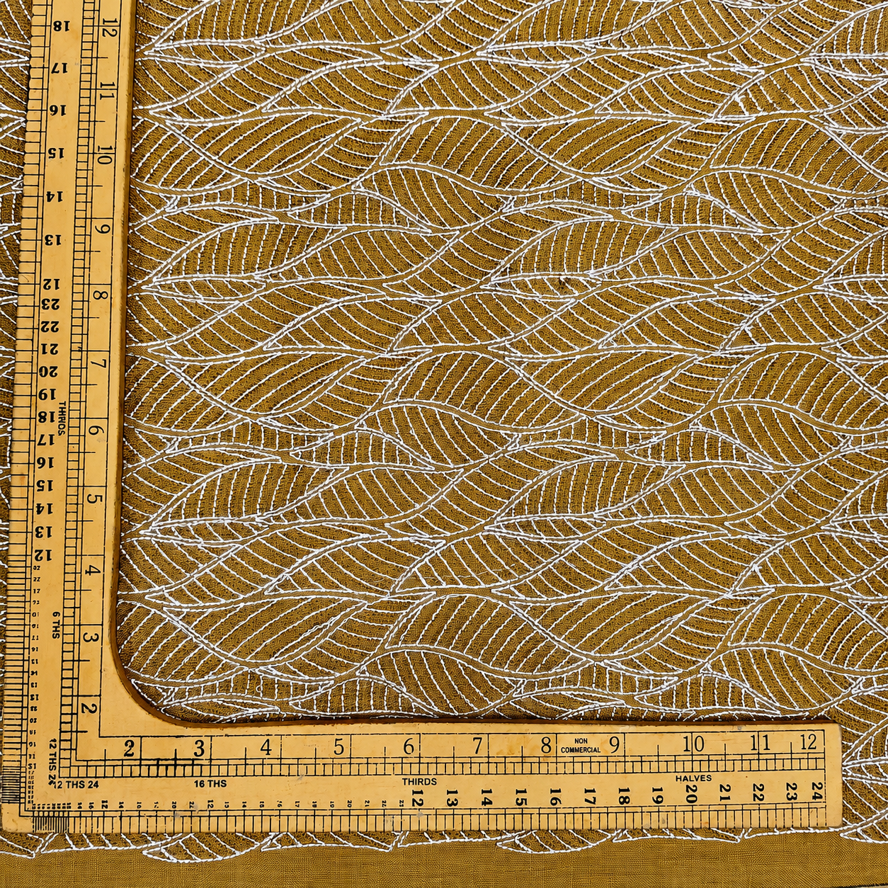 Beige Gold Linen Embroidery Fabric with White Leaf Design | Premium Designer Dress Material