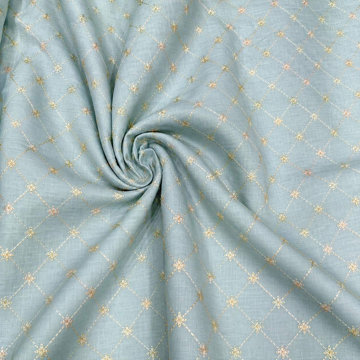Ice Blue Sequin Embroidered Linen Fabric | Diamond Lattice Designer Dress Material